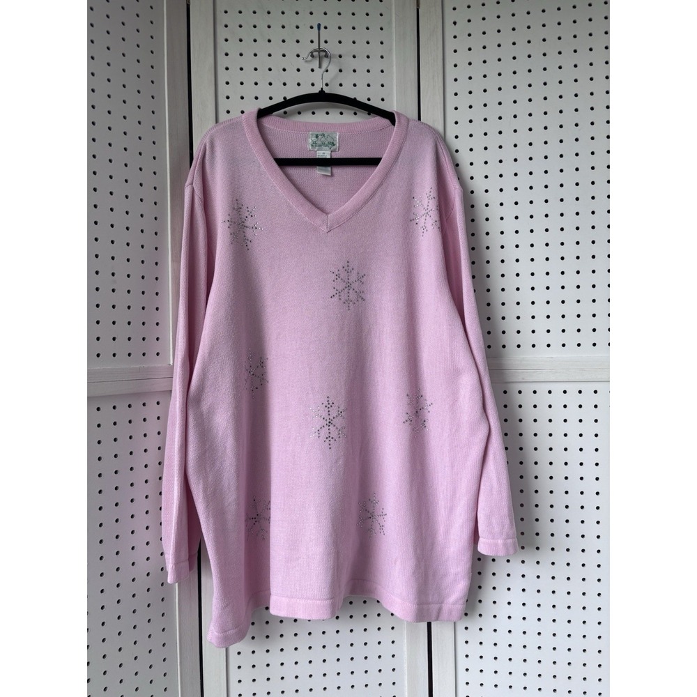 Quacker Factory Women's 3X Pink V Neck Rhinestone Snowflake Sweater Winter